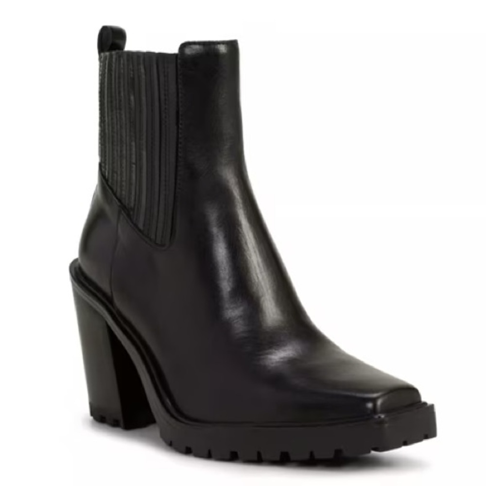 Vince Camuto Aresse Block Heel Pull On Ankle Boot Black Smooth Size 9